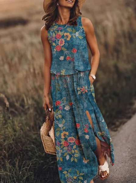 

senza maniche Girocollo Vacanza Abito, Blu, Maxi Dresses