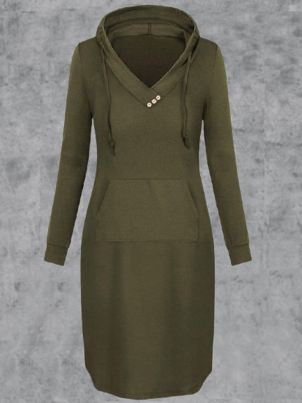 

Long Sleeve Cotton-Blend Hoodie Dresses, Army green, Casual Dresses