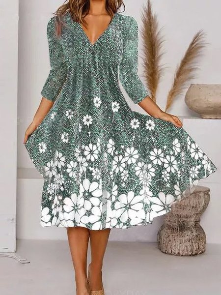 

Floreale A Maglia Abito Con Tre Quarti Manica, Verde, Midi Dresses
