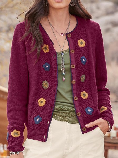 

Long Sleeve Vintage Crew Neck Floral Outerwear, Rose red, Outerwear