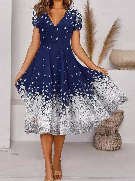 

Casual Short Sleeve Floral V Neck Dresses, Blue, Floral Dresses