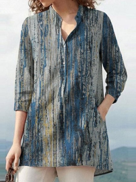 

Casuale Colletto Rialzato 3/4 Manica Stampato Top, Blu, T-Shirts