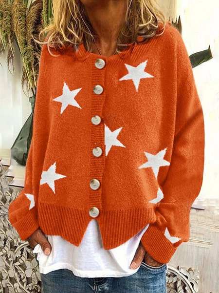

Long Sleeve Printed Casual Crew Neck Outerwear, Orange, Outerwear
