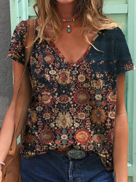 

Vintage V Neck Casual Short Sleeve Shirt Summer Top, Black, T-shirts