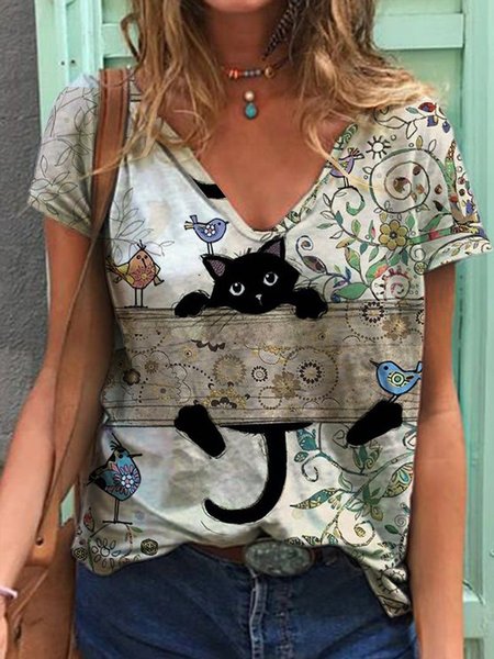 

Black Cat V Neck Casual Cute Animal Short Sleeve Shirt Top, As picture, T-shirts