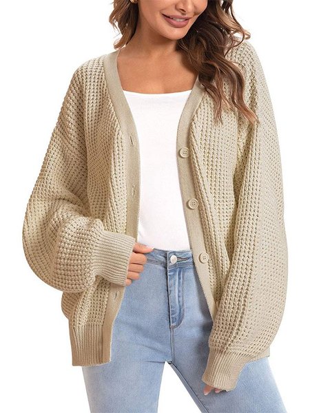

Solid Buttoned Casual Long Sleeve Outerwear, Beige, Outerwear