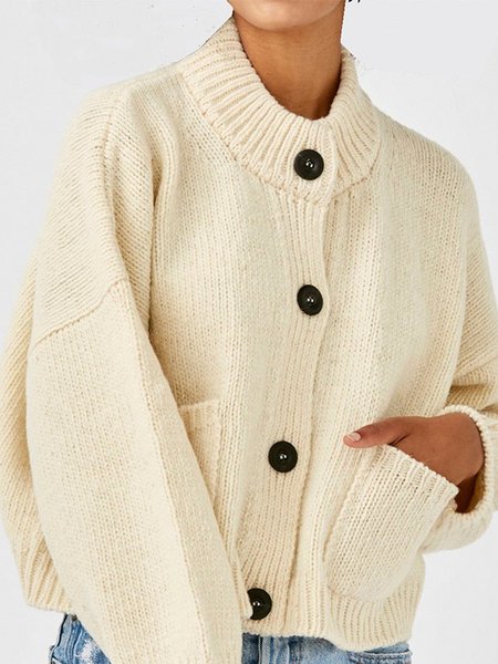 

Solid Long Sleeve Casual Crew Neck Outerwear, Beige, Outerwear