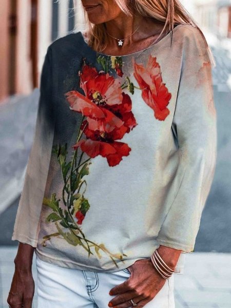 

Casual Floral Print Long Sleeve T-shirt Women, As picture, Long sleeve tops