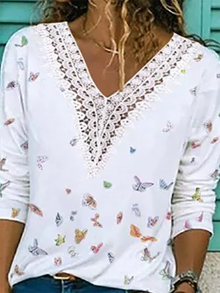 

Plus size Long Sleeve V Neck Butterfly Shirts & Tops, White, Blouses & Shirts