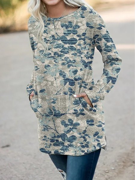 

Casuale Girocollo Maniche Lunghe Floreale Top, Grigio, Blouses & Shirts