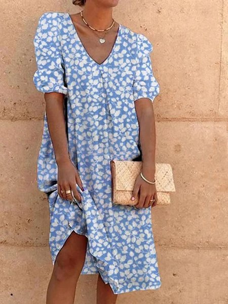 

Shift V Neck Casual Cotton-Blend Dresses, Blue, Floral Dresses