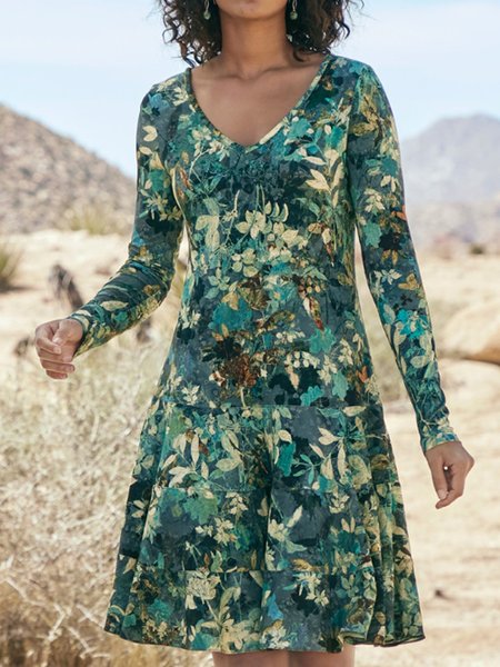 

A-Line V Neck Boho Cotton-Blend Dresses, Green, Floral Dresses
