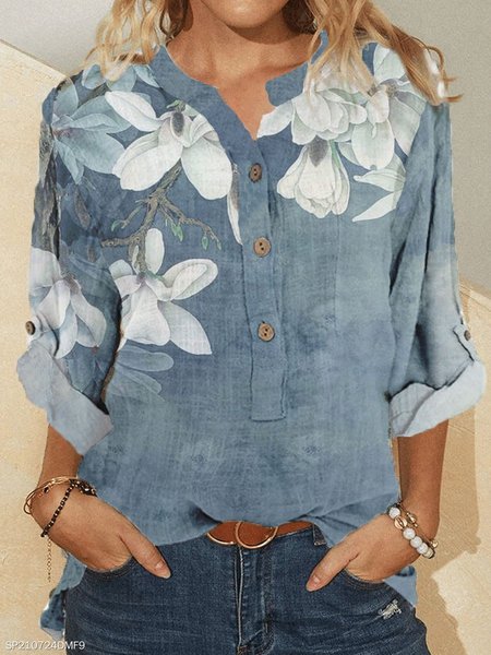 

Cotton-Blend Long Sleeve Floral Shirts & Tops, Blue, Blouses & Shirts
