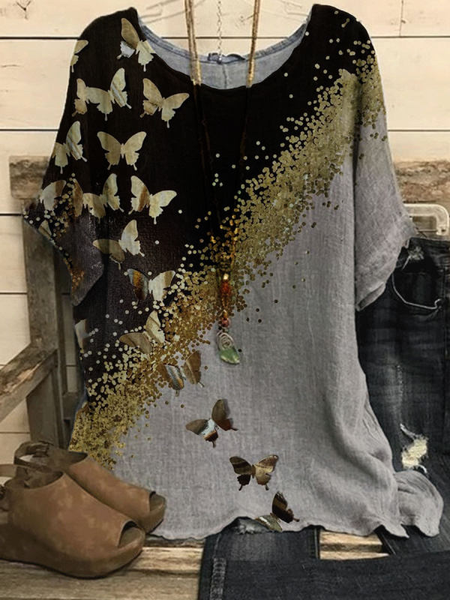 

Printed Crew Neck Short Sleeve Casual Tops, Gray, Blouses & Shirts