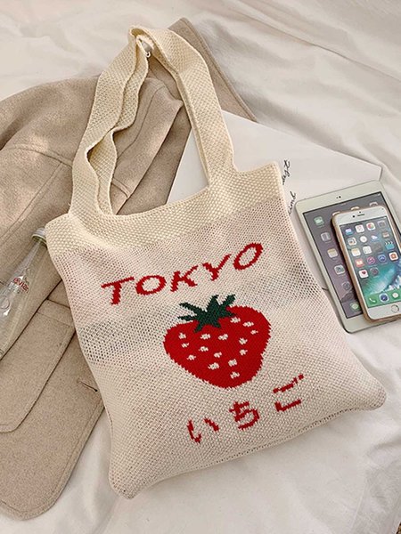 

Tokyo Japanese Strawberry Pattern Woven Shopping Bag, White, Women's Bags