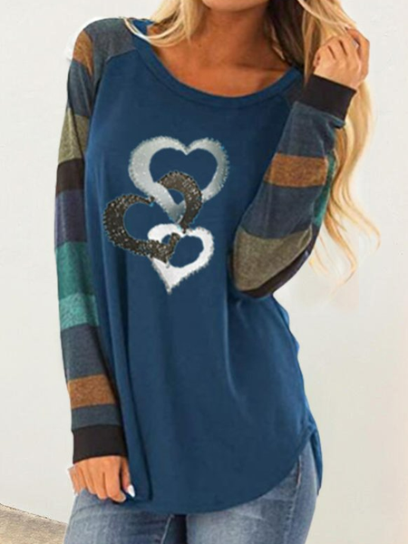 

Color Block Heart Print Round Neck Long Sleeves T-shirts, Blue, Tees & T-shirts