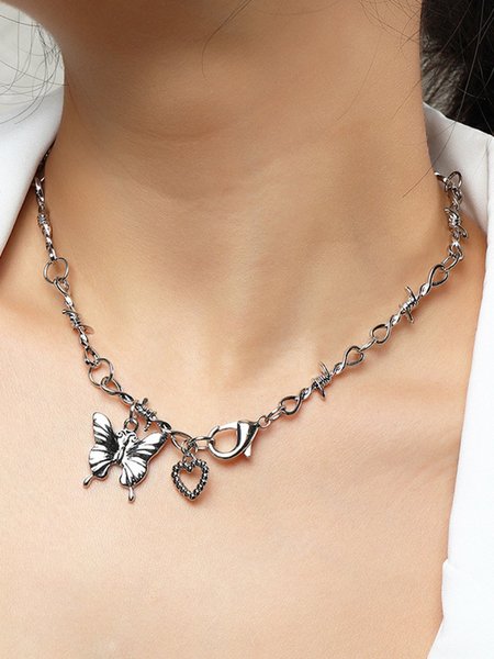 Hip Hop Punk Style Alloy Butterfly Love Necklace, As picture, Necklaces