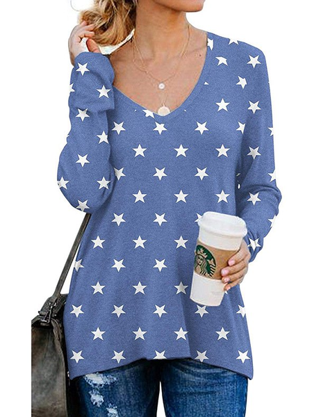 

Geometric Cotton-Blend Casual Long Sleeve Shirts & Tops, Blue, Long sleeve tops