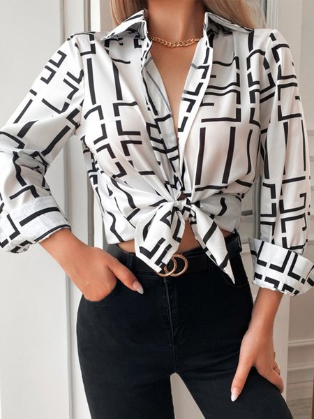 

Shift Geometric Long Sleeve Shirt Collar Daily Shirt, White, Blouses and Shirts