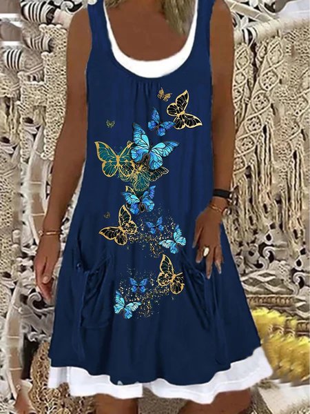 

Senza Maniche Girocollo Taglia Grande Stampato Abito, Blu, Mini Dresses