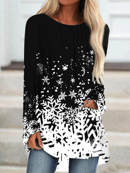 

Stampato Maniche Lunghe Girocollo Vacanza Top, Nero, T-Shirts