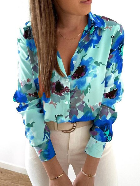 Maniche Lunghe Dritto Floreale Camicie & Top, Blu, Blouses & Shirts