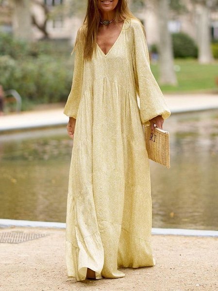 

V Neck Boho Cotton Polka Dots Dresses, Chalky yellow, Dresses