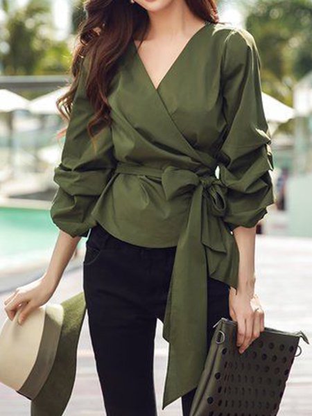 

V Neck Long Sleeve Solid Shift Daily Top, Olive green, Blouses and Shirts