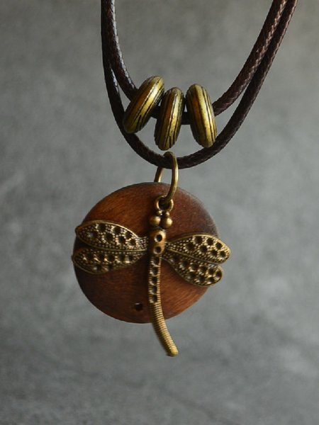 Ethnic Style Wood Dragonfly Necklace, As picture, Necklaces