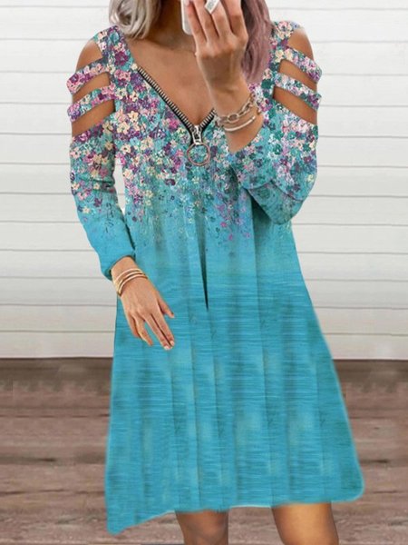 

Casual Long Sleeve Printed Floral Dresses, Sky blue, Boho dresses