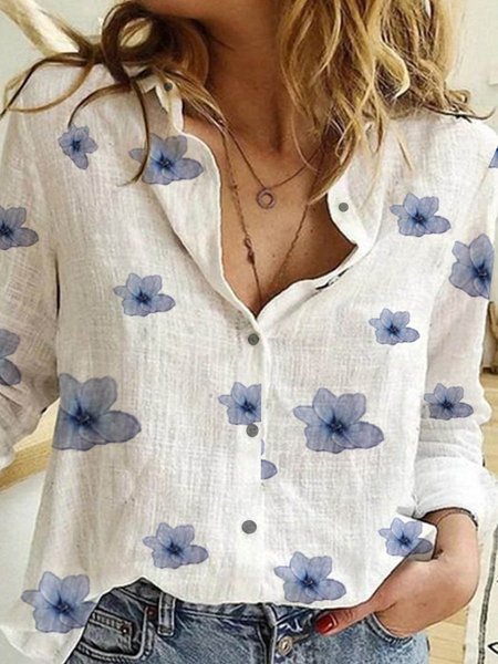 

Floreale Maniche Lunghe Colletto a Camicia Top, Bianco, Blouses & Shirts