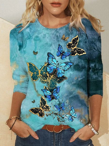 

Maniche Lunghe Girocollo Stampato Top Maglietta, Blu, T-Shirts