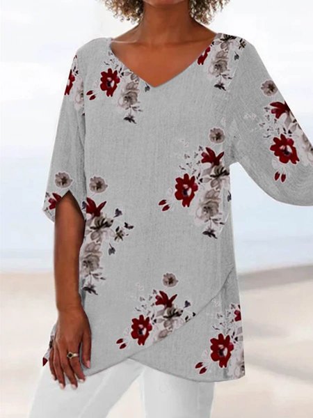 

Vacanza Mezza Manica Scollo a V Camicie & Top, Grigio, T-Shirts