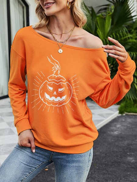 

Pumpkin Graphic Long Sleeve Casual Sweatshirt, Orange, T-shirts