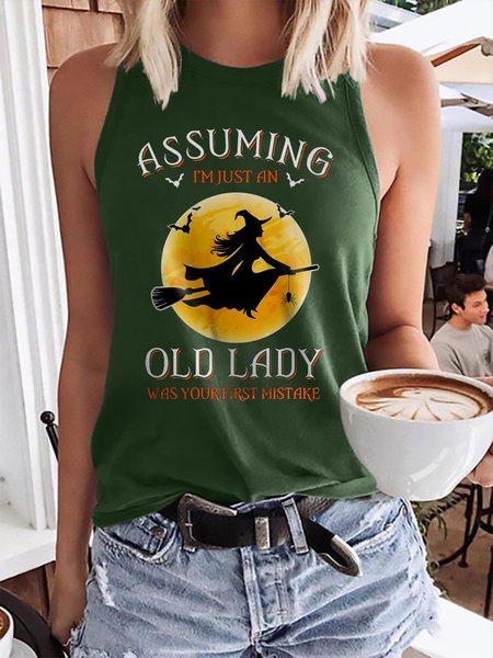 

Women's Funny Halloween Assuming Old Lady Mistake Graphic Sleeveless Casual Tank Top, Dark green, Tank Tops