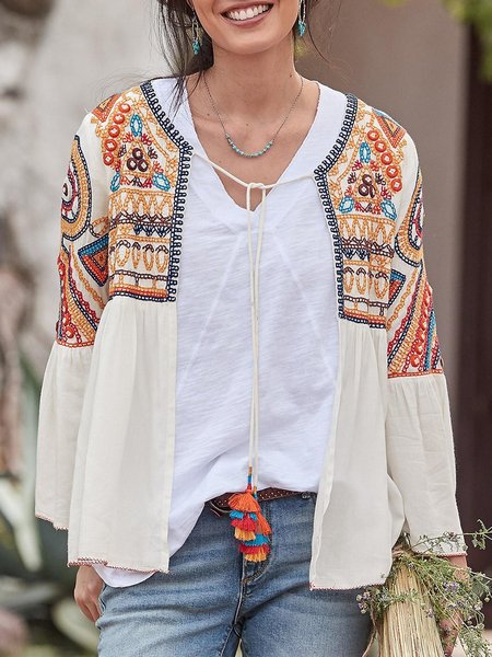

Cotton Floral-Print Boho Long Sleeve Outerwear, White, Outerwear