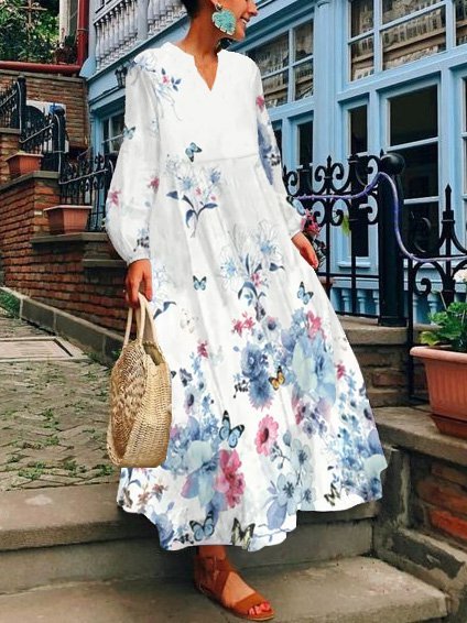 

Vacanza Maniche Lunghe Abito Cotone, Bianco, Maxi Dresses