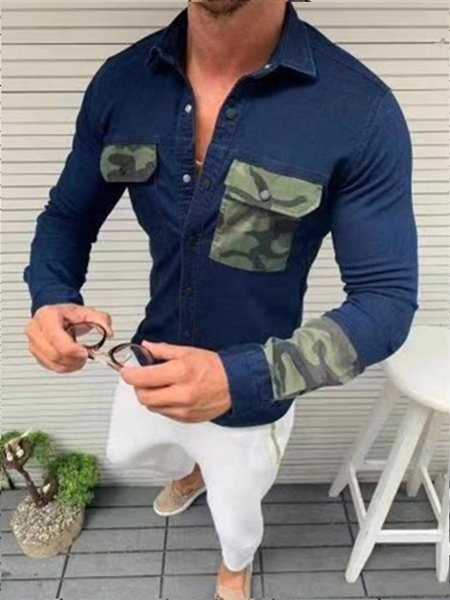 

Cotton-Blend Camo Shirts & Tops, Dark_blue, Men's shirts