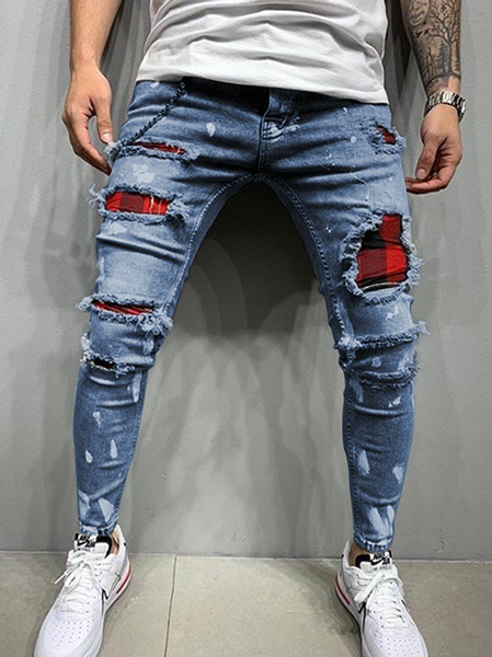 

Plaid Denim Pants, Blue, Men's pants