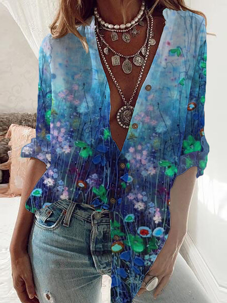 

Plus size Floral Long Sleeve Shirts & Tops, Blue, Blouses & Shirts