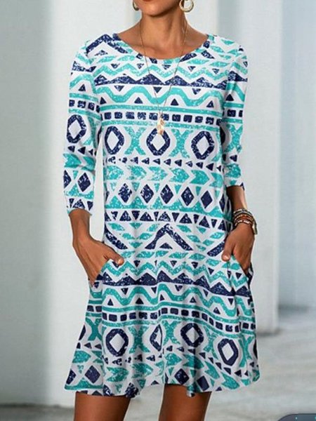 

Long Sleeve Geometric Crew Neck Casual Dresses, Blue, Boho dresses