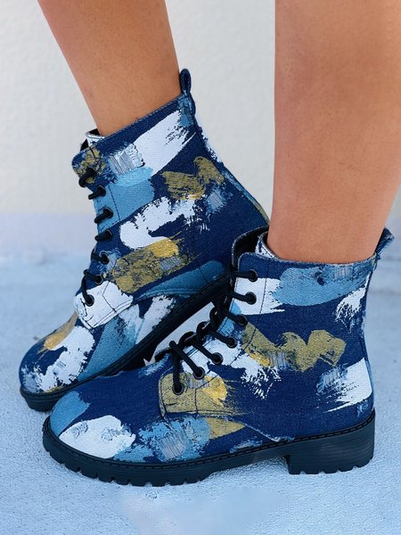 

Abstract Watercolor Cowboy Lace-up Martin Combat Boots, Dark blue, Boots
