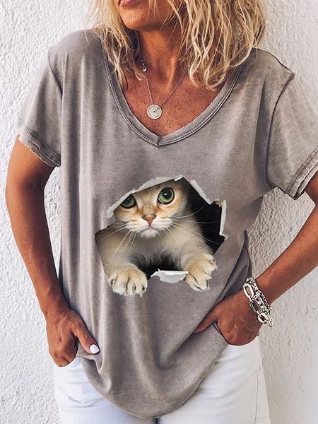 

Casuale Stampato Scollo a V Maniche Corte Top, Grigio, T-Shirts
