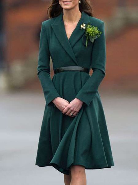 

Work Long Sleeve A-Line Lapel Dress, Deep green, Midi Dresses