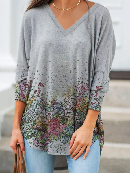 

Floral Long Sleeve Casual Shirts & Tops, Gray, Long sleeve tops