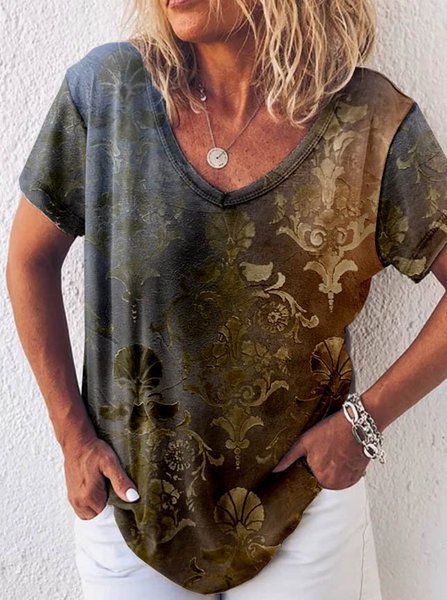 

Short Sleeve Boho Cotton-Blend Paisley T-shirt, Khaki, T-Shirts