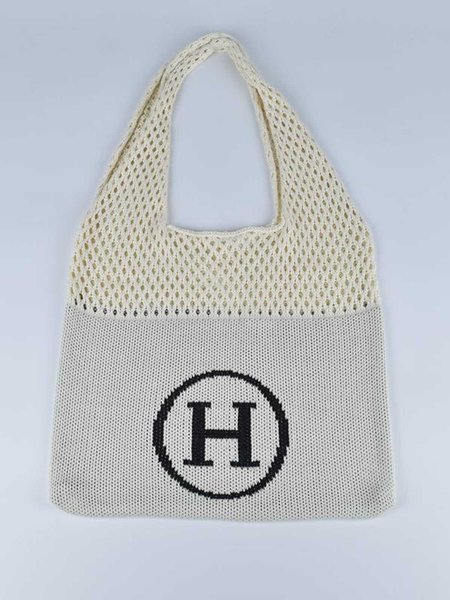 

H Letter Hollow Wool Knitting Large-capacity Shopping Bag, Apricot, Women's Bags
