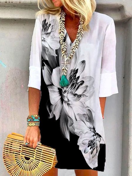 

Floral Shift Casual V Neck Dresses, White, Floral Dresses