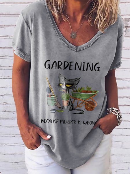 

Gardening Because Murder Is Wrong Funny Cat Graphic Tee, Gray, T-shirts