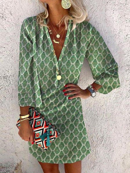 

Vintage Misto Cotone A-line 3/4 Manica Abito, Verde, Mini Dresses